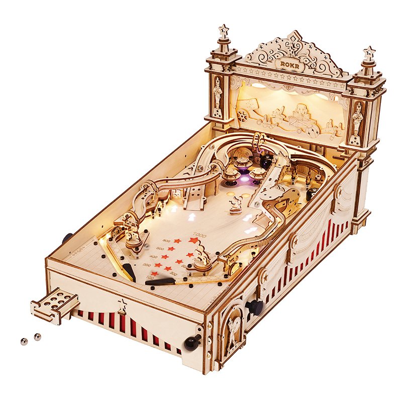 Retro Flipper DIY Wooden Pinball Kit – Crafted Arcade Relic, 482 pieces by Robotime