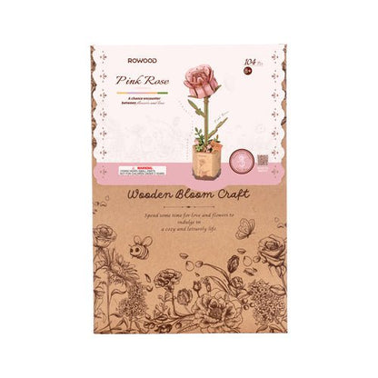 Pink Rose DIY Wooden Flower Kit – Blossom of Quiet Romance, 104 Pieces by Robotime