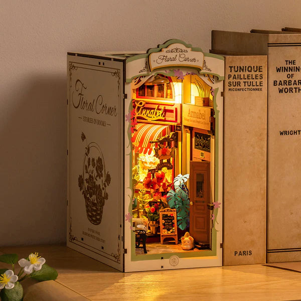Floral Corner DIY Wooden Book Nook Kit – Illuminated Garden Serinity, 164 Pieces by Robotime