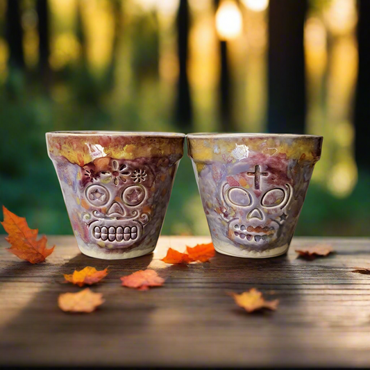 Sugar Skull Ceramic Mini Planters – Set of 2 Day of the Dead Succulent Pots, Ø7.5×7 cm by Red Raven Pottery