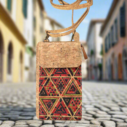 Tribal Geometry Cork Phone Bag – Earthy Patterned Essentials Pouch