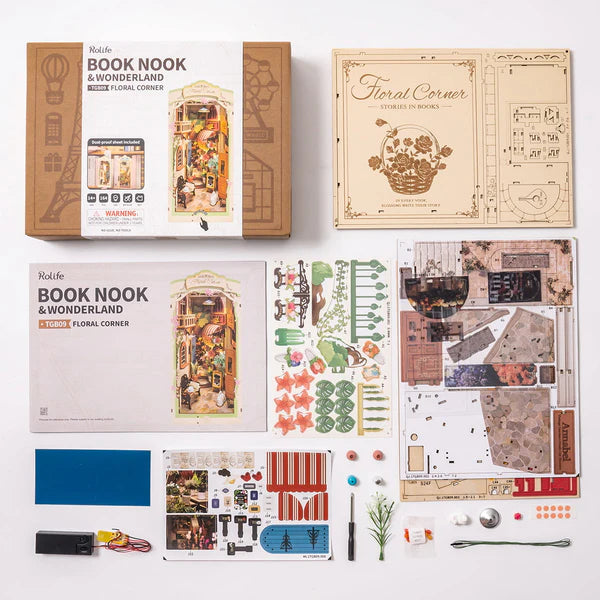Floral Corner DIY Wooden Book Nook Kit – Illuminated Garden Serinity, 164 Pieces by Robotime