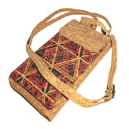 Tribal Geometry Cork Phone Bag – Earthy Patterned Essentials Pouch