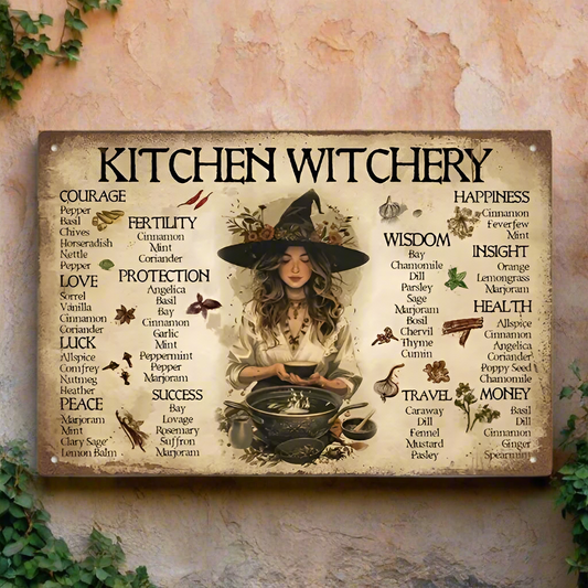 Kitchen Witchery Metal Sign – Herbal Magic Wall Art, 15×20 cm