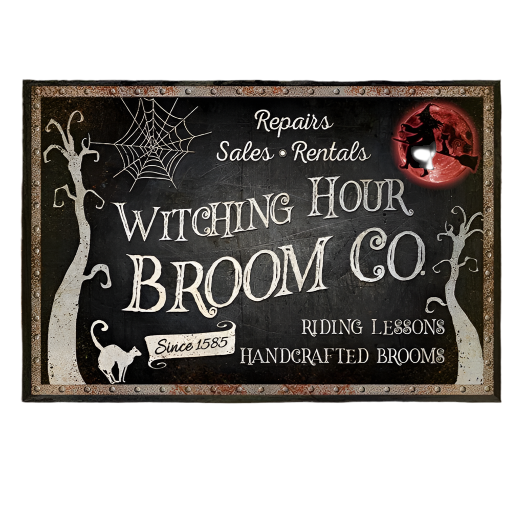Witching Hour Metal Sign – Vintage Broomstick Service Wall Art, 30×20 cm