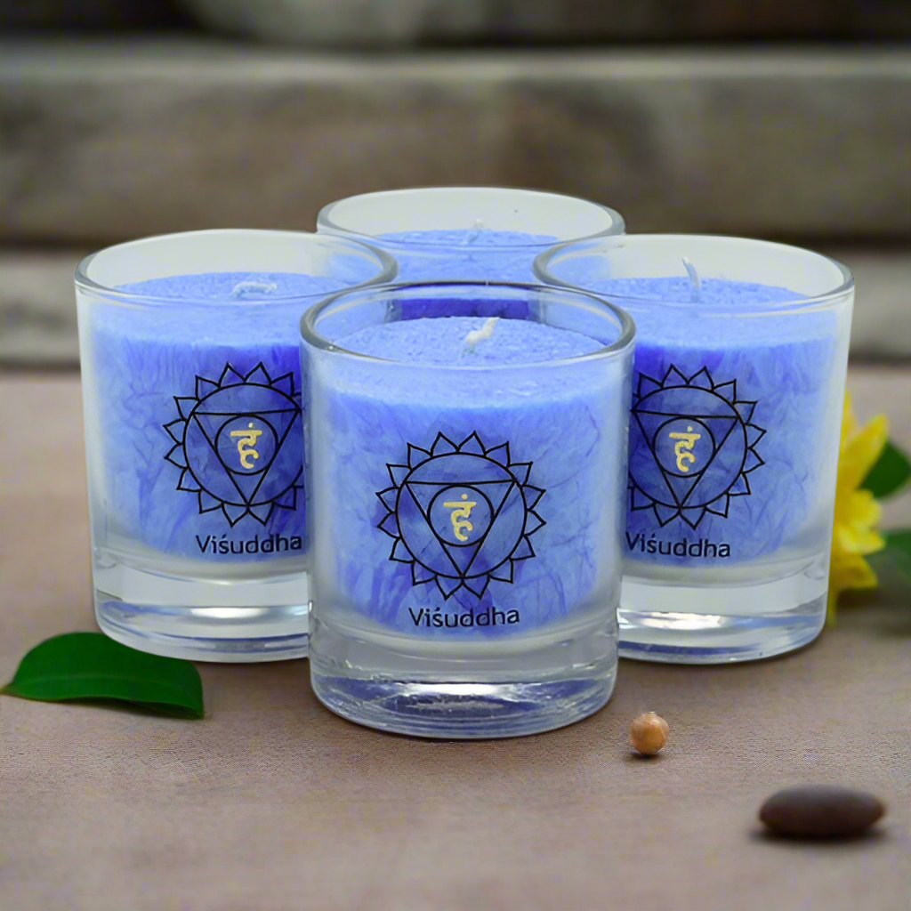Visuddha Chakra Candles – Set of 4 Throat Energy Glass Candles, Blue, 6cm