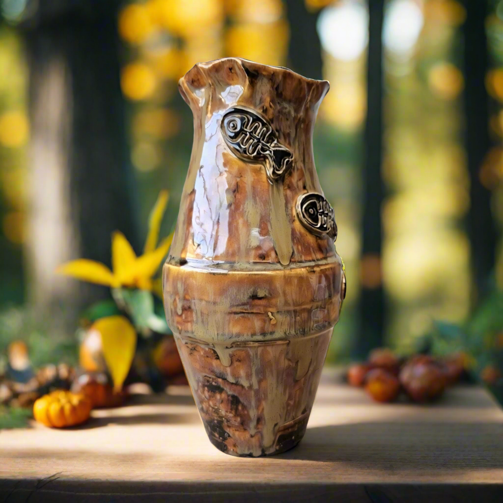 Earthfire Medium Ceramic Vase – Amber Glazed Fishbone Vessel, Ø11×20 cm by Red Raven Pottery