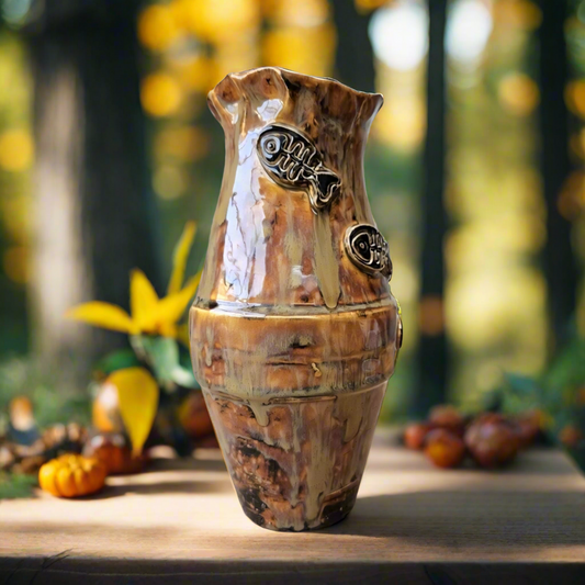 Earthfire Medium Ceramic Vase – Amber Glazed Fishbone Vessel, Ø11×20 cm by Red Raven Pottery