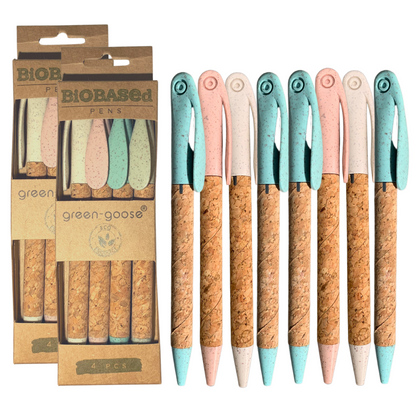 Eco-Friendly Cork & Wheatgrass Fiber Pens – Set of 8 Sustainable Ballpoint Pens, Assorted Colors