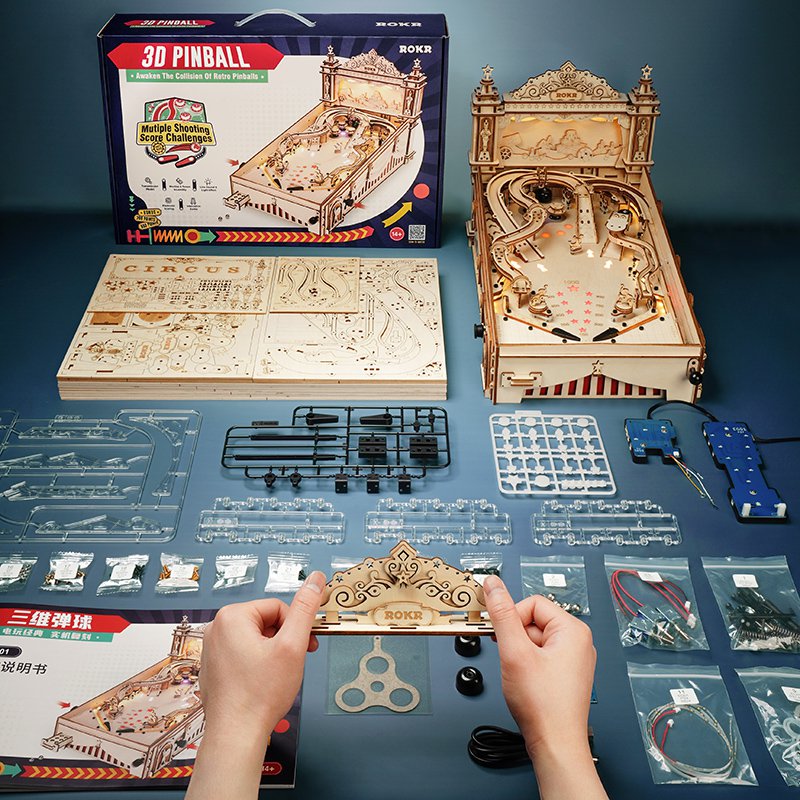 Retro Flipper DIY Wooden Pinball Kit – Crafted Arcade Relic, 482 pieces by Robotime