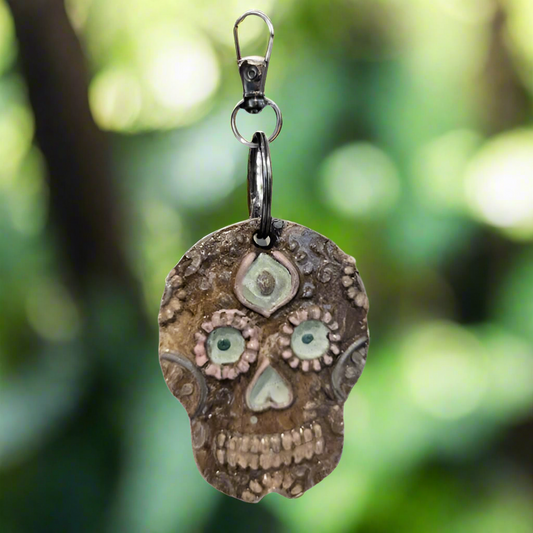 Día de los Muertos Keychain – Death & Transformation Ceramic Charm, Ø5.5×7 cm