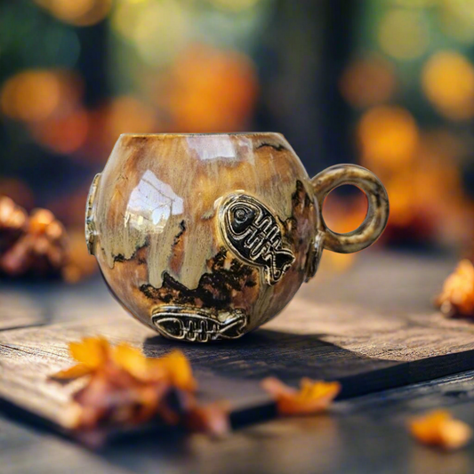 Earthfire Ceramic Teacup – Amber Glazed Fishbone Cup, Ø9.5×11 cm by Red Raven Pottery