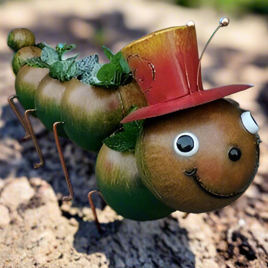 Cheerful Caterpillar Planter – Hand-Painted Metal Garden Decor