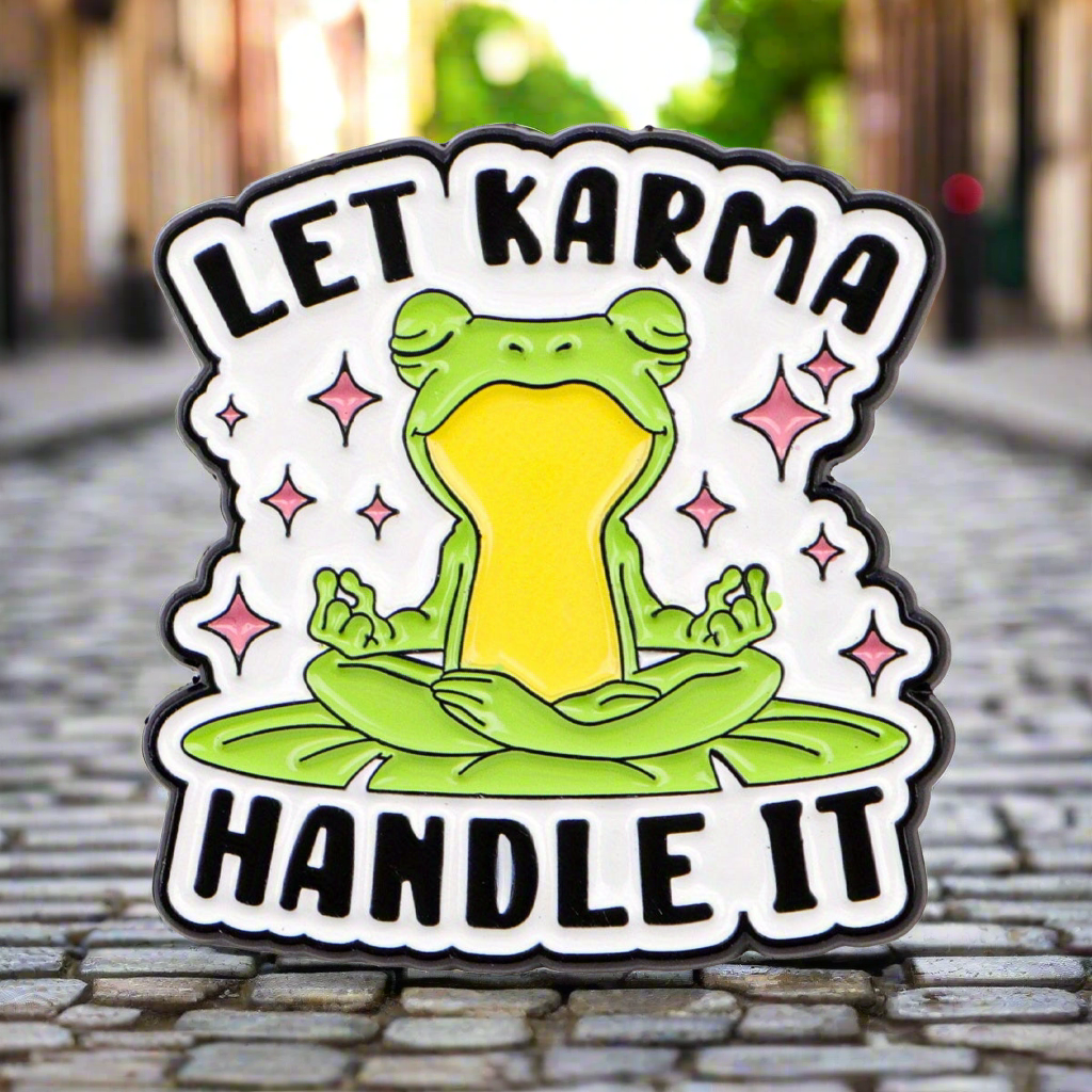 Karma Frog Enamel Pin – Serene Sassy Metal Badge