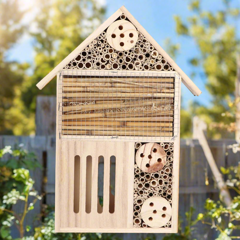 Buzzing Ranch Wooden Insect Hotel – Light Haven for Pollinators, Ø25.5×34.5×4 cm