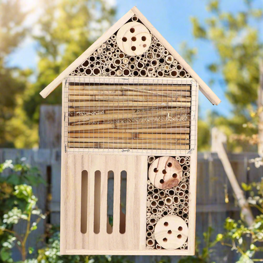 Buzzing Ranch Wooden Insect Hotel – Light Haven for Pollinators, Ø25.5×34.5×4 cm