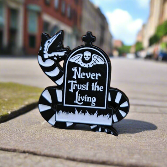 Never Trust the Living Enamel Pin – Beetlejuice Tombstone Metal Badge