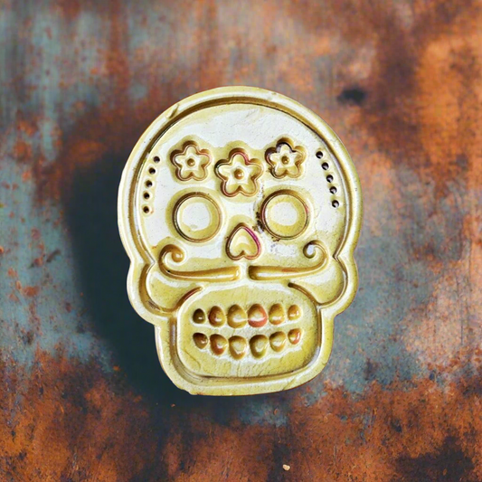 Golden Calavera Magnet – Sugar Skull Ornament, 4.5×5.5 cm, various designs by Red Raven Pottery