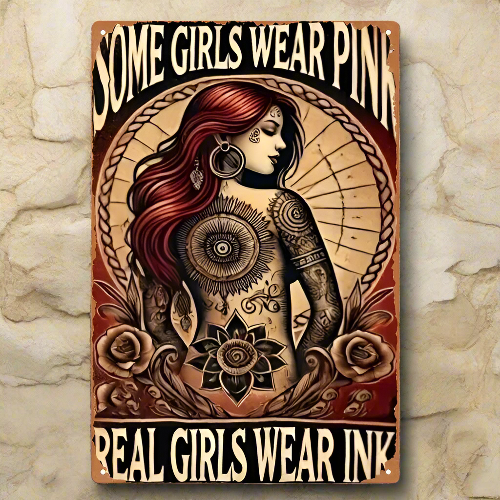 Real Girls Wear Ink Metal Sign – Tattooed Ginger Wall Art, 20×30 cm
