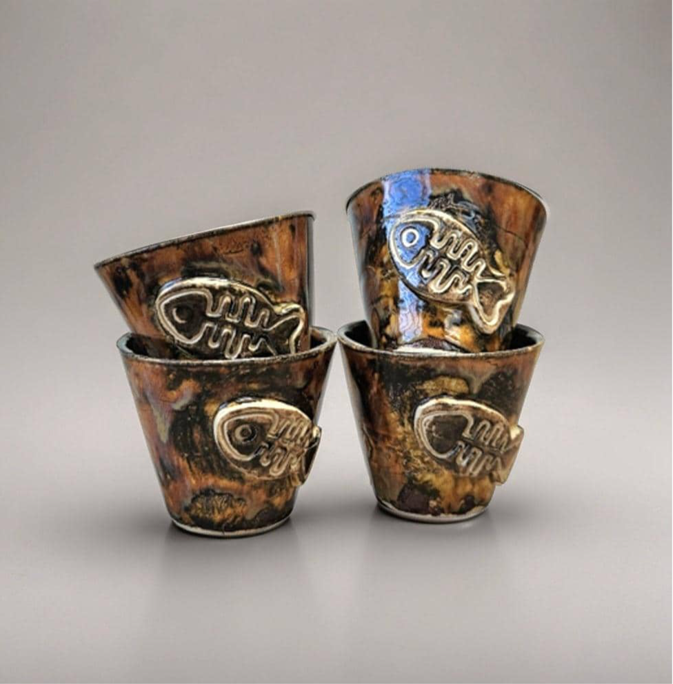 Earthfire & Fishbone Ceramic Minis – Set of 2 Shot & Succulent Jars, Ø5×6 cm by Red Raven Pottery