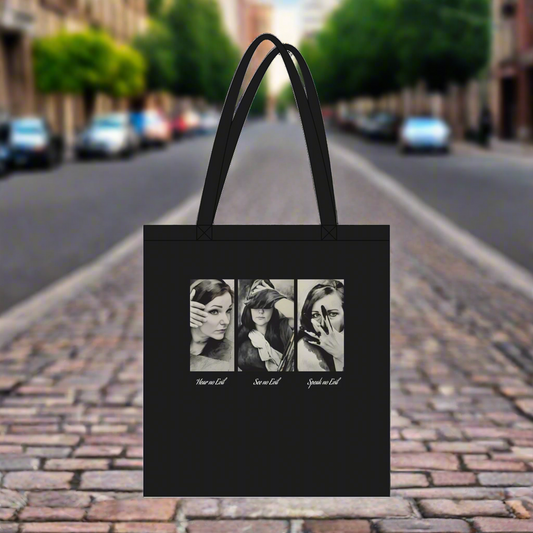 Hear, See & Speak No Evil Eco‑Cotton Tote – Earth-Kind, Durable & Playful, 10 liter / in 2 kleuren