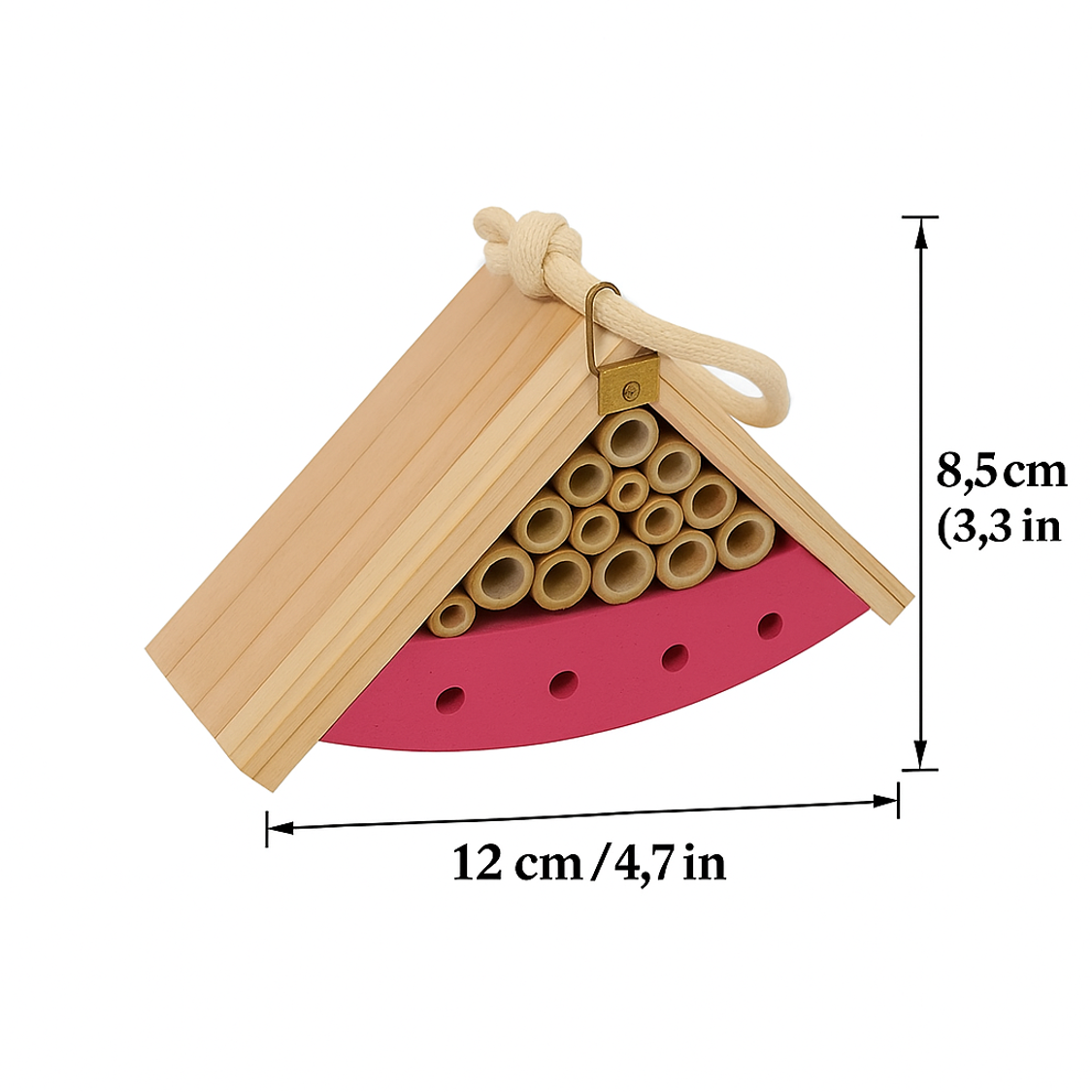 Rose Gable Wooden Insect Hotel – Playful Pollinator Refuge, Ø12×8.5×5.6 cm