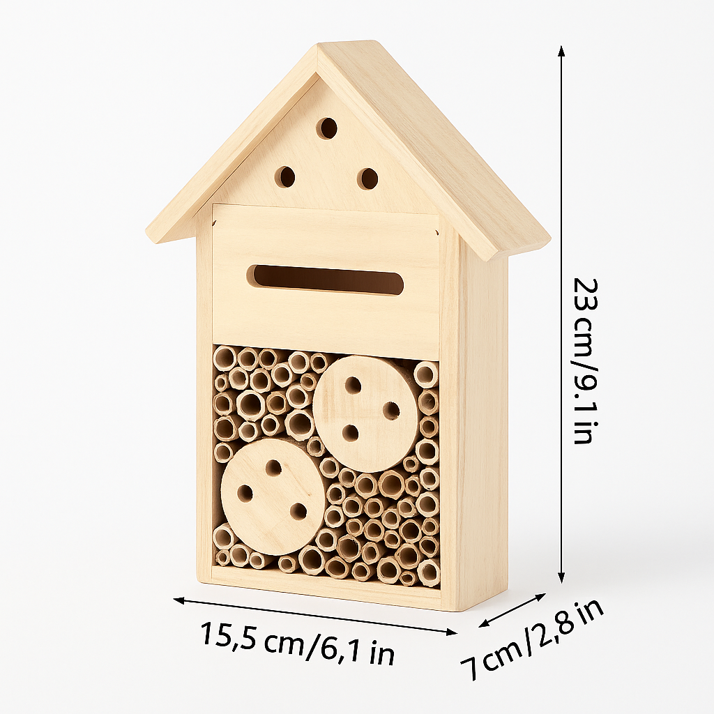 Sun Nook Wooden Insect Hotel – Bright Haven for Pollinators, Ø15.5×23×7 cm