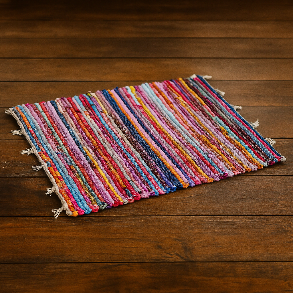 Chindi-stijl gerecycled lappenkleed – aardgeweven boho-vloermat, 60×90 cm