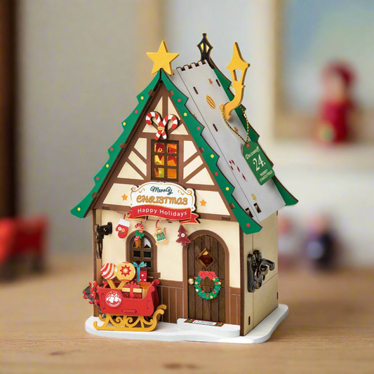 Twinkling Christmas House DIY Wooden Miniature Kit – Festive Holiday Cottage, 46 Pieces by Robotime