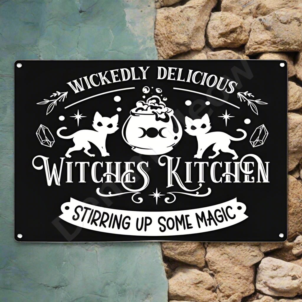 Witches Kitchen Metal Sign – Enchanted Cauldron Scene Wall Art, 20×30 cm