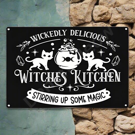 Witches Kitchen Metal Sign – Enchanted Cauldron Scene Wall Art, 20×30 cm