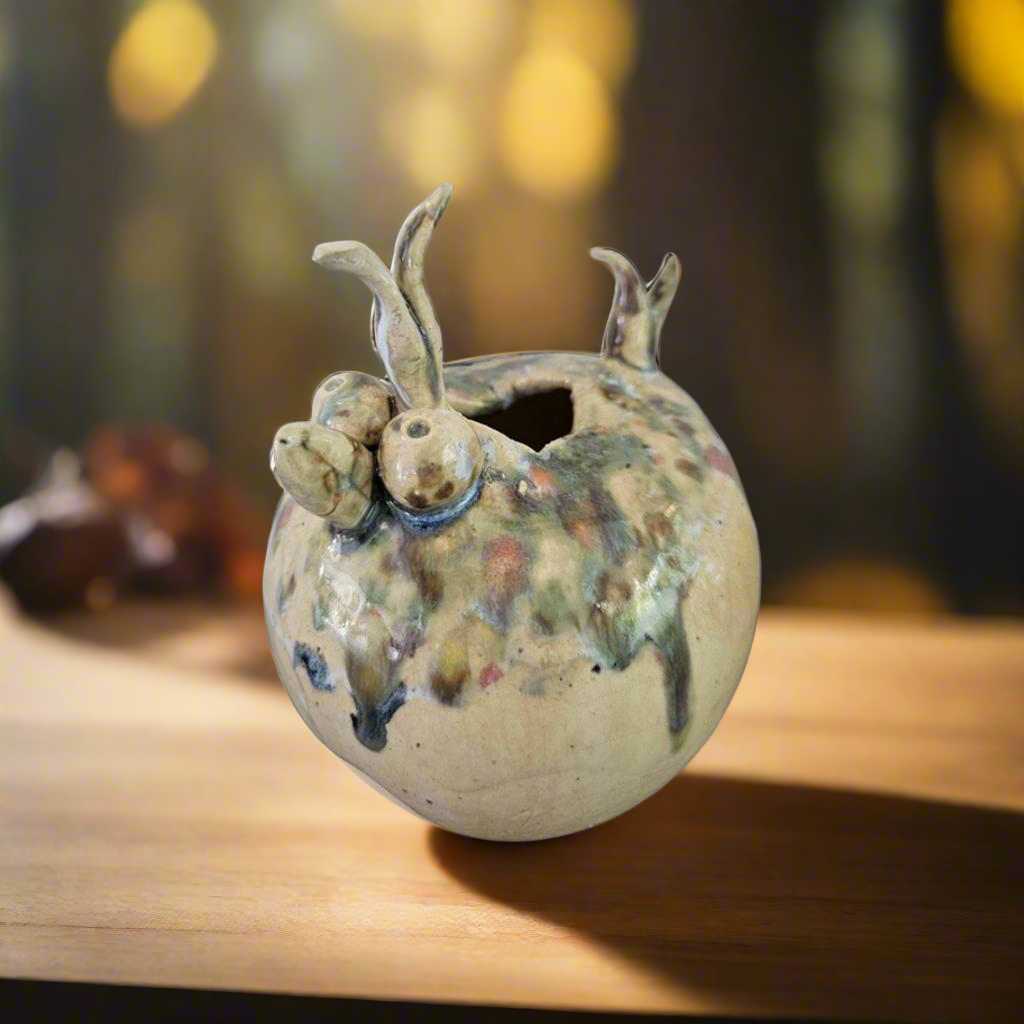 Curious Chicken Ceramic Sculpture – Speckled Charm Vessel, Ø13×11 cm