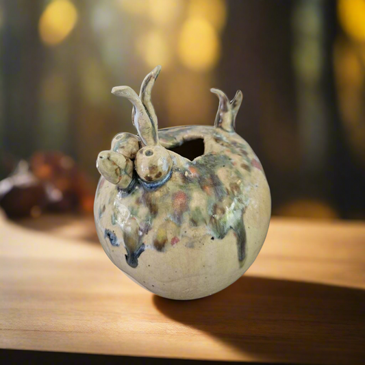 Curious Chicken Ceramic Sculpture – Speckled Charm Vessel, Ø13×11 cm