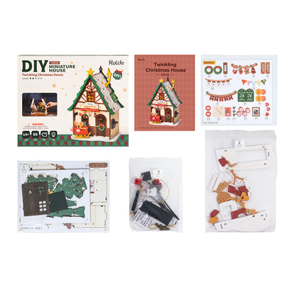 Twinkling Christmas House DIY Wooden Miniature Kit – Festive Holiday Cottage, 46 Pieces by Robotime