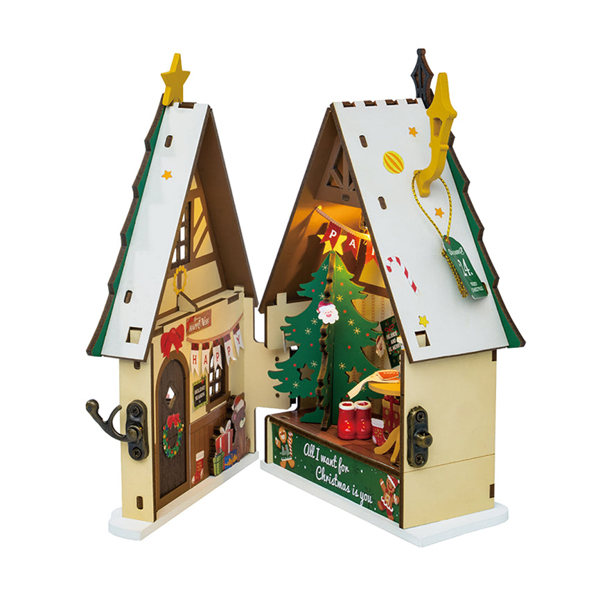 Twinkling Christmas House DIY Wooden Miniature Kit – Festive Holiday Cottage, 46 Pieces by Robotime
