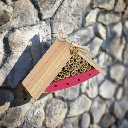 Rose Gable Wooden Insect Hotel – Playful Pollinator Refuge, Ø12×8.5×5.6 cm