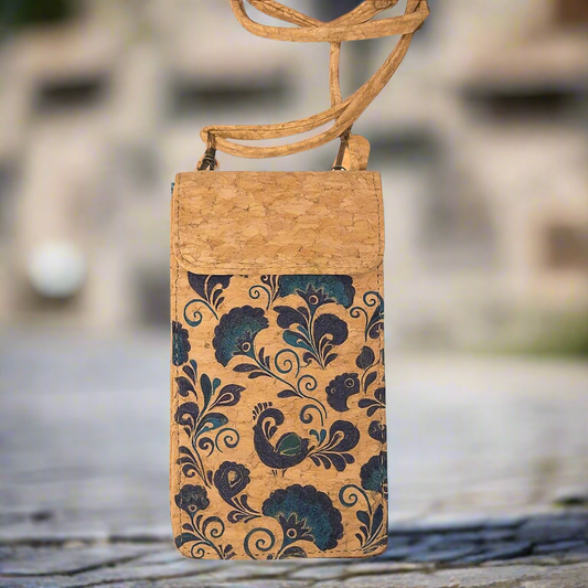Indigo Bloom Cork Phone Bag – Botanical-Adorned Essentials Pouch