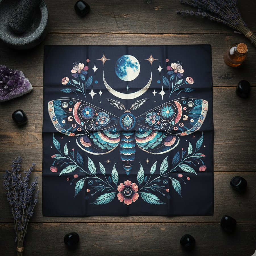 Celestial Moth Altar Cloth – Lunar Guidance for Rituals, 49×49 cm