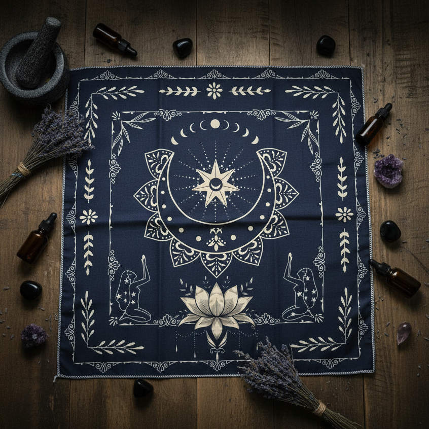 Black Lotus Altar Cloth – Celestial Grounding for Rituals, 49×49 cm