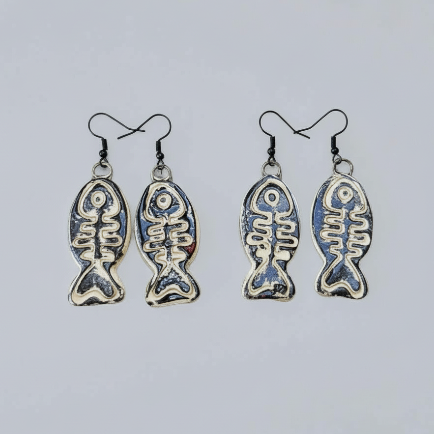 Tidal Relic Fishbone Earrings – Handmade Eerie Charms, 4×2 cm by Red Raven Pottery