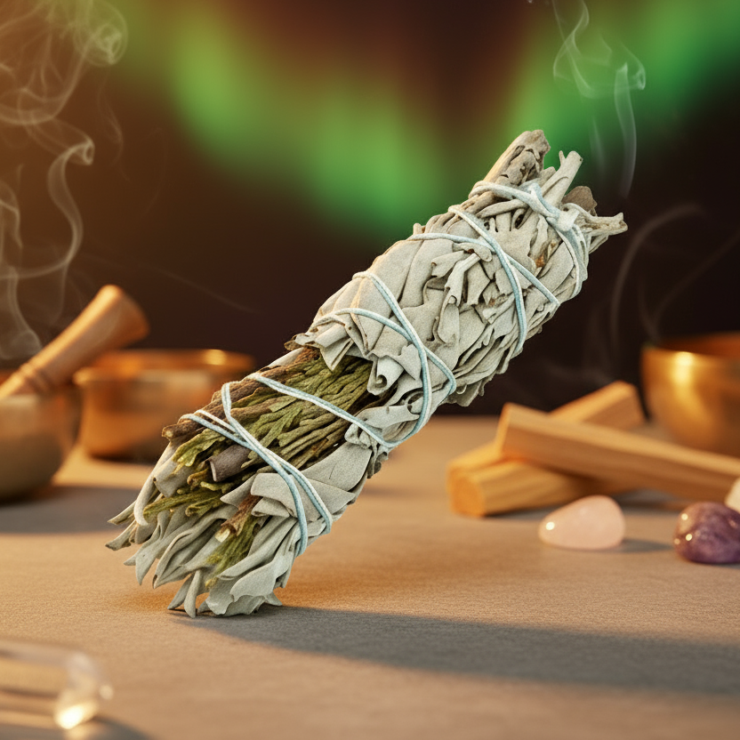 White Sage & Cedar Smudge Stick – Smoke of Protection & Grounding, 10 cm