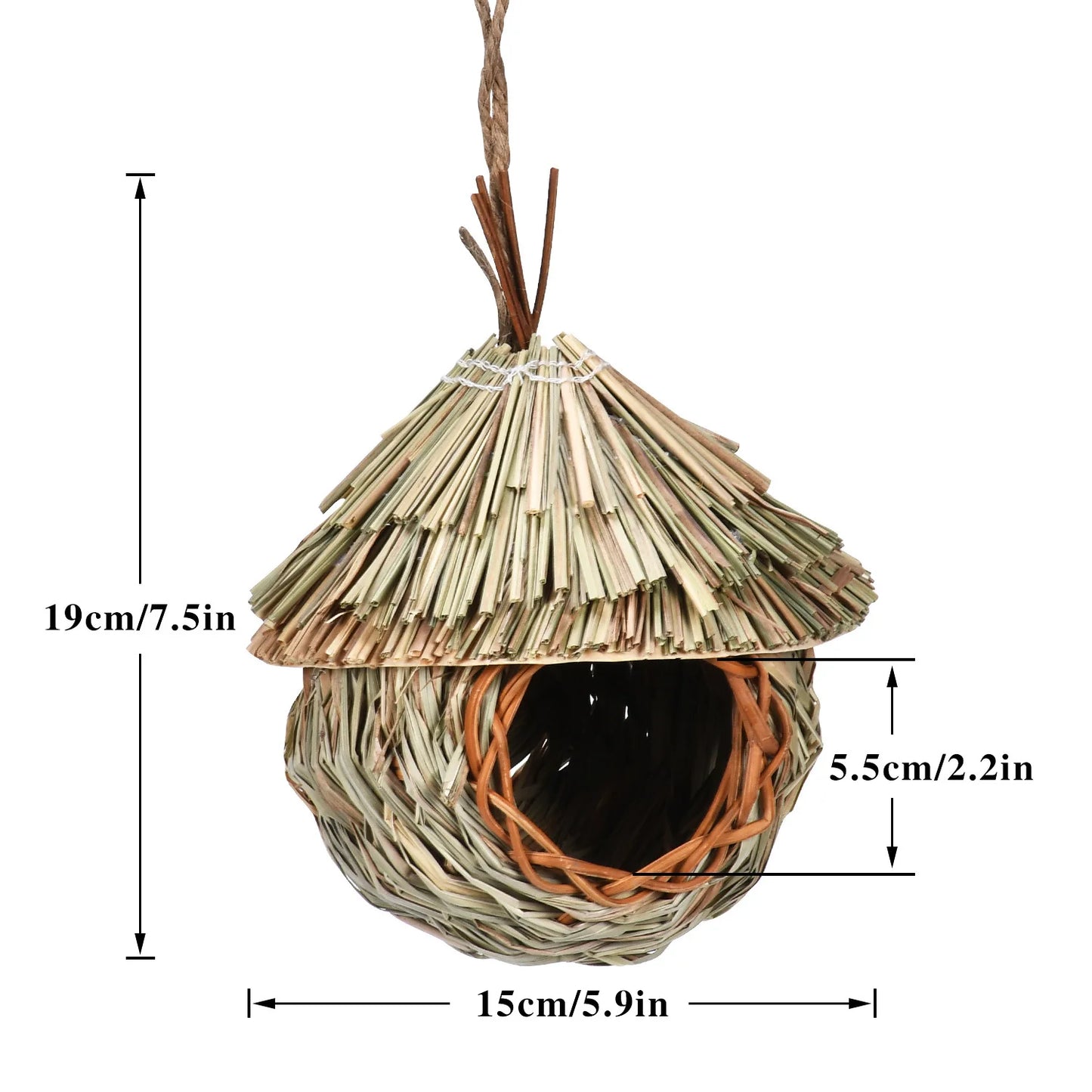 Thatch Roof Natural Birdhouse – Shelter Beneath Straw, Ø15×19 cm