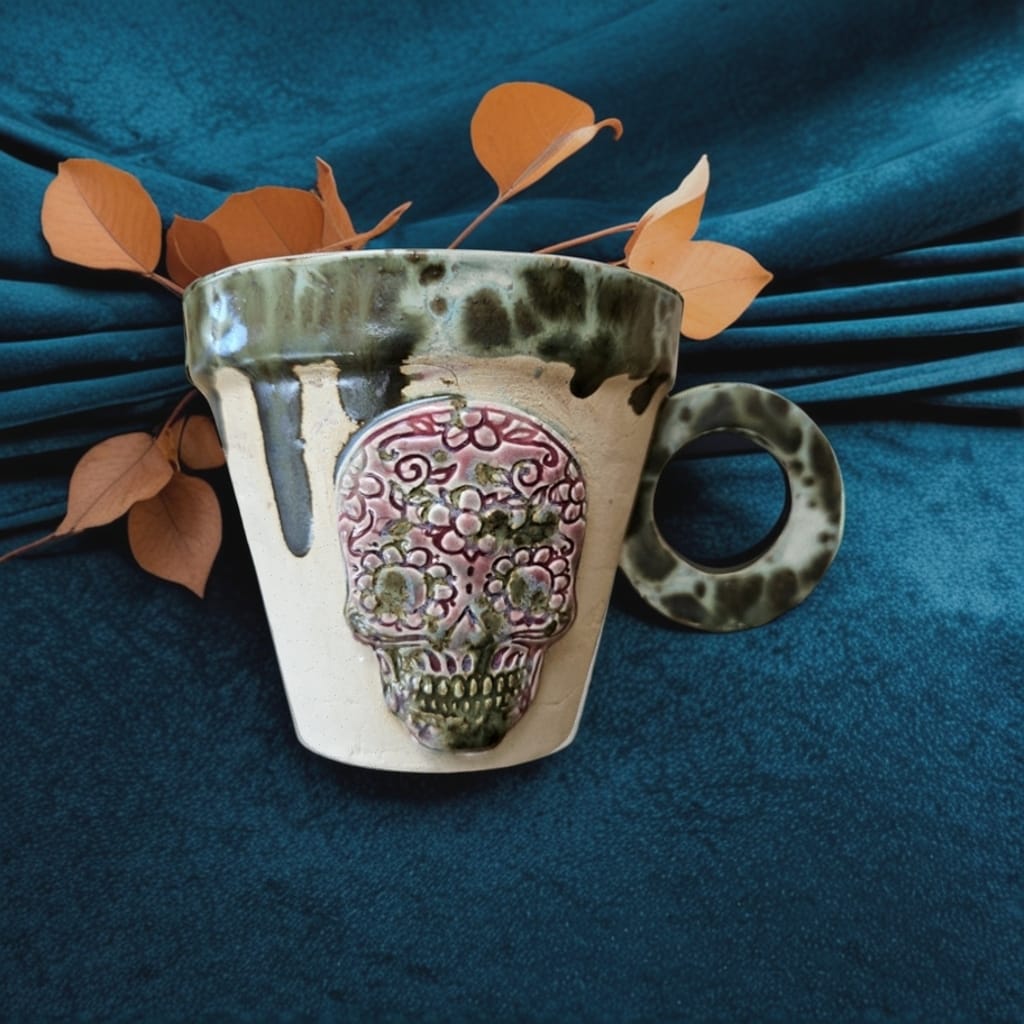 "Dia de los Muertos" Handmade Ceramic Coffee Cup - Dark Aesthetics Collection