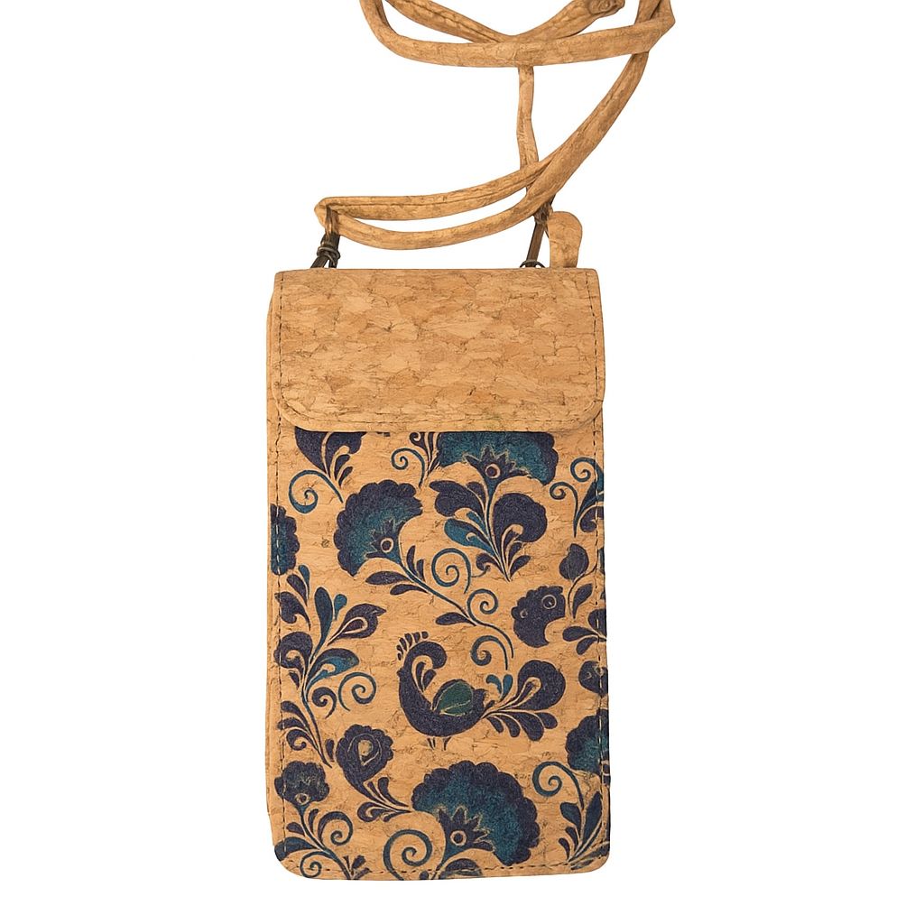 Indigo Bloom Cork Phone Bag – Botanical-Adorned Essentials Pouch
