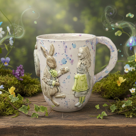 Alice's Tea Party Ceramic Mug – A Whimsical Journey Through Wonderland, Ø8.5×10 cm by Red Raven Pottery