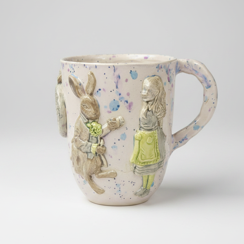 Alice's Tea Party Ceramic Mug – A Whimsical Journey Through Wonderland, Ø8.5×10 cm by Red Raven Pottery