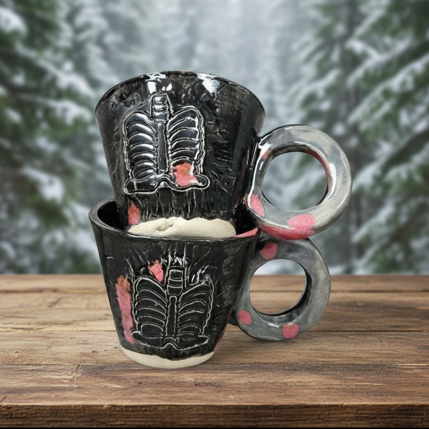 Anatomical Echo Ceramic Espresso Cups – Set of 2 Rib Cage Vessels, 5.5×6 cm by Red Raven Pottery