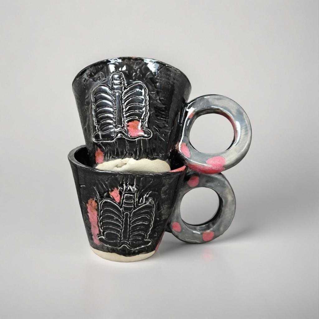 Anatomical Echo Ceramic Espresso Cups – Set of 2 Rib Cage Vessels, 5.5×6 cm by Red Raven Pottery