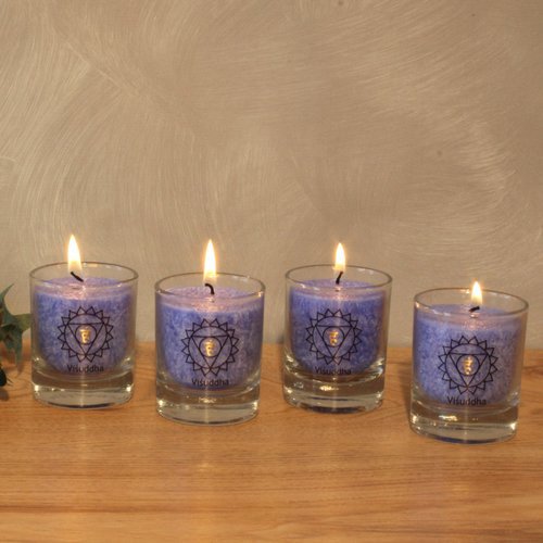 Visuddha Chakra Candles – Set of 4 Throat Energy Glass Candles, Blue, 6cm