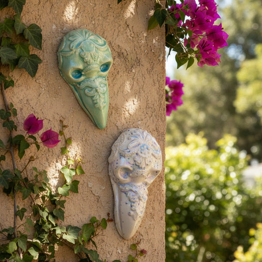 Baroque Raven Skull Ceramic Wall Hanging – Gothic Curiosity Relic, 10 × 5 cm by Red Raven Pottery
